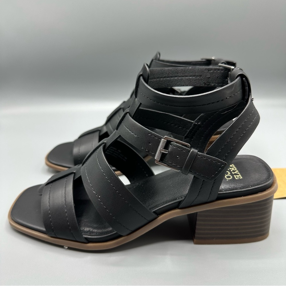 Frye and Co. Ohana Strap Heeled Open Toe Faux Leather Sandals Size 8 Black